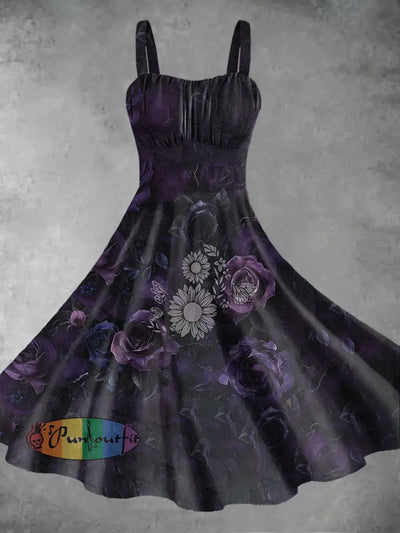 Vintage Gothic Style Gradient Rose Floral Print Midi Dress Purple / S