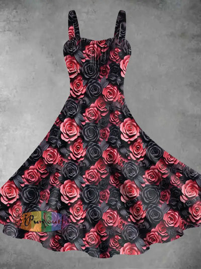 Vintage Gothic Style Gradient Rose Floral Print Midi Dress Red / S