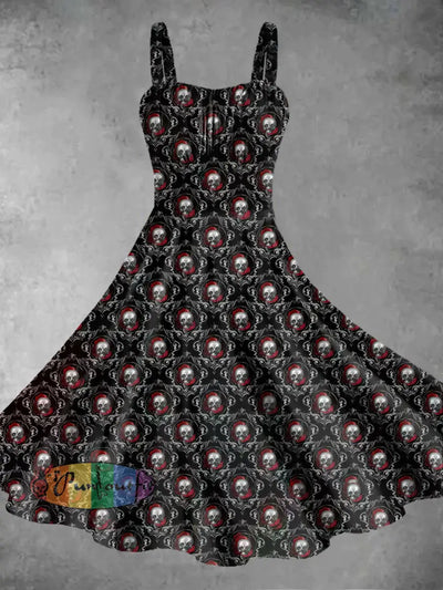 Vintage Gothic Style Skull Flower Patterns Print Midi Dress Black / S