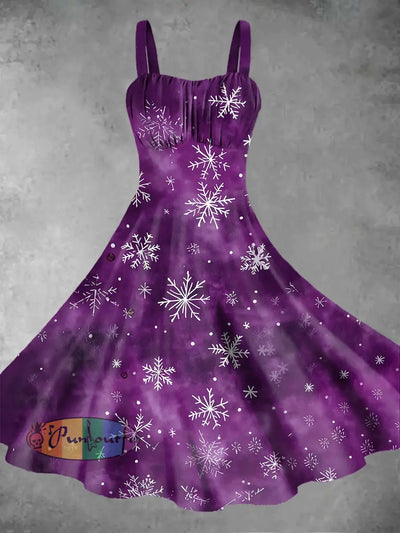 Vintage Gothic Style Snowflake Patterns Print Midi Dress Purple / S