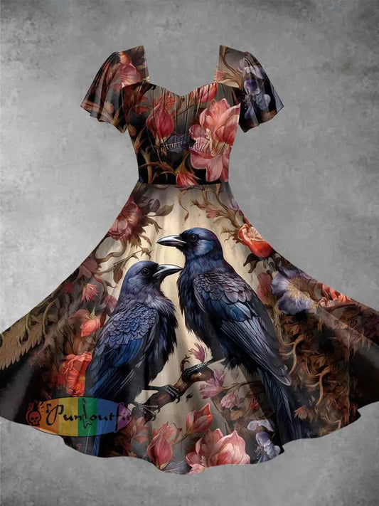 Vintage Halloween Crow Print Short Sleeve Dress Picture Color / Xs Dress