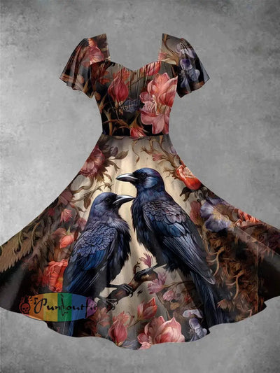 Vintage Halloween Crow Print Short Sleeve Dress Picture Color / Xs Dress