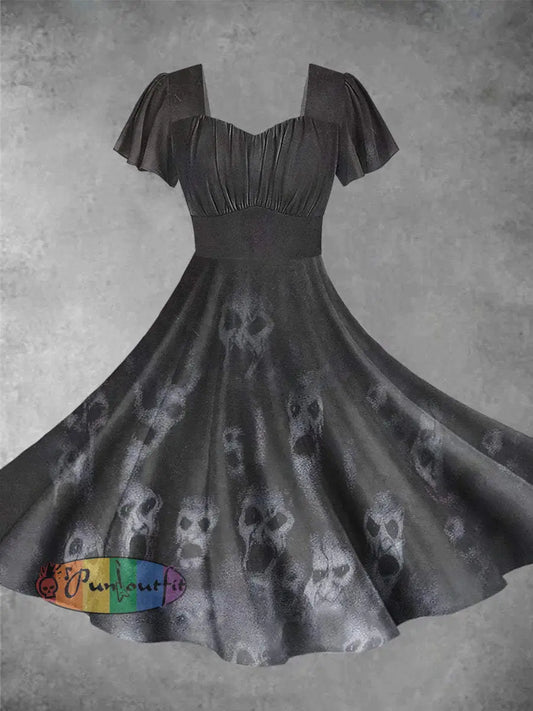 Vintage Halloween Ghost Print Short Sleeve Dress Picture Color / Xs Dress