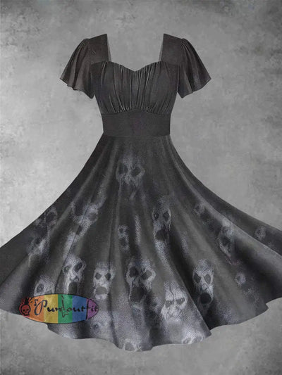 Vintage Halloween Ghost Print Short Sleeve Dress Picture Color / Xs Dress