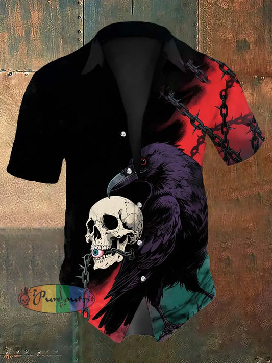 Vintage Halloween Skull Gradient Raven Chains Abstract Print Casual Cotton Short Sleeve Shirt Black / S