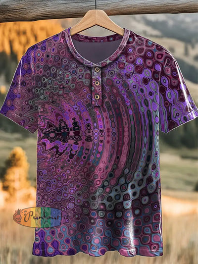 Vintage Hippie Colourful Swirl Mandala Abstract Print Casual Button Henry Neck T-Shirt Purple / S