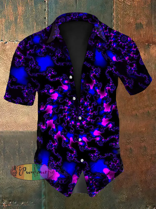 Vintage Hippie Fractal Psychedelic Swirl Ripple Abstract Print Casual Cotton Short Sleeve Shirt Purple / S