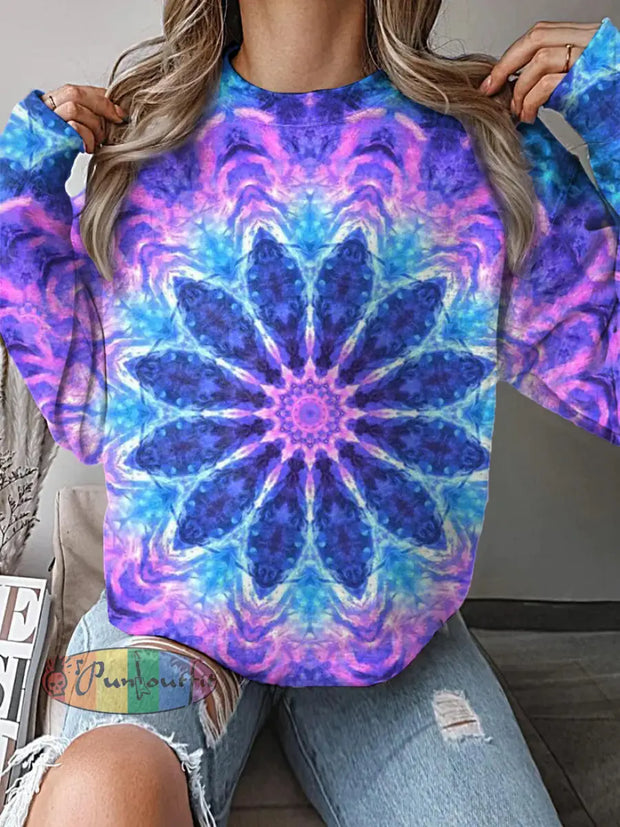 Vintage Hippie Gradient Mandala Printed Crew-Neck Retro Fashion Loose Long Sleeved Sweatshirt