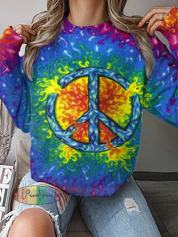 Vintage Hippie Gradient Peace Printed Crew-Neck Retro Fashion Loose Long Sleeved Sweatshirt As