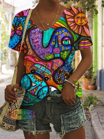 Vintage Hippie Graffiti Fashion Loose Short Sleeve T-Shirt As Picture / S