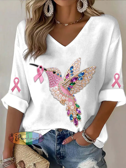 Vintage Vintage Hummingbird Colorful Pearls Breast Cancer Print Casual Cotton Long Sleeve T Shirt White / S