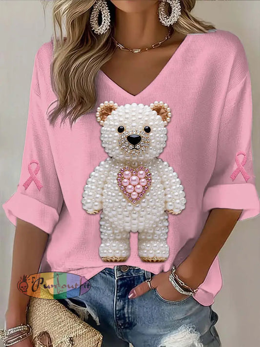 Vintage Love Bear Pearl Breast Cancer Print Casual Cotton Long Sleeve T Shirt Pink / S
