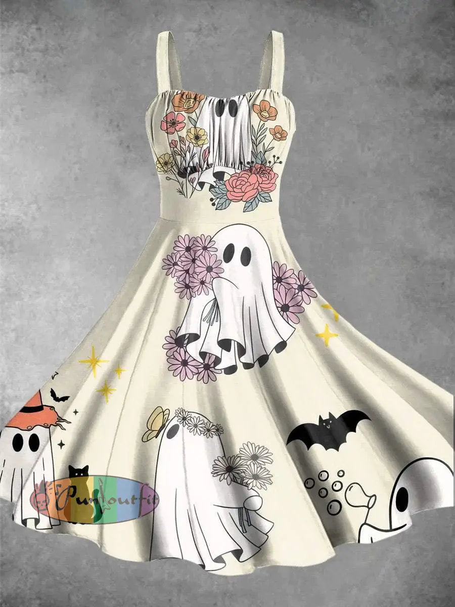 Vintage Lovely Ghost Print Backless Dress Picture Color / S Dress