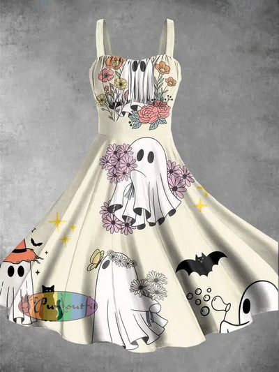 Vintage Lovely Ghost Print Backless Dress Picture Color / S Dress