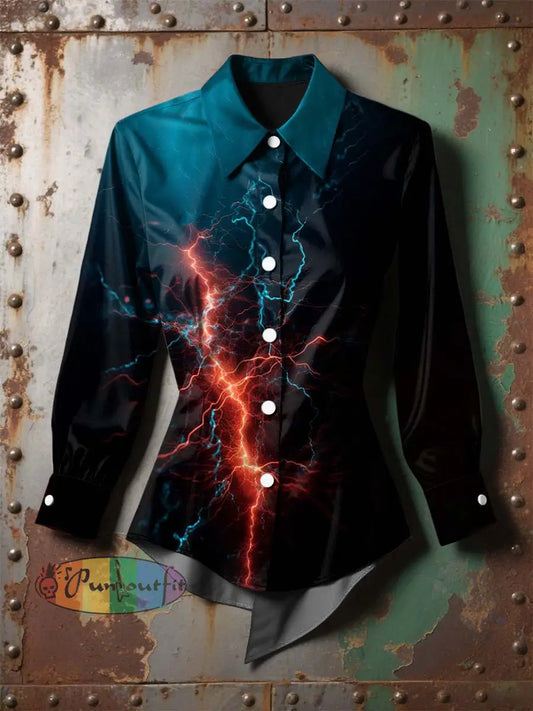 Vintage Music Festival Lightning Lines Printed Casual Long Sleeve Irregular Shirt Black / S