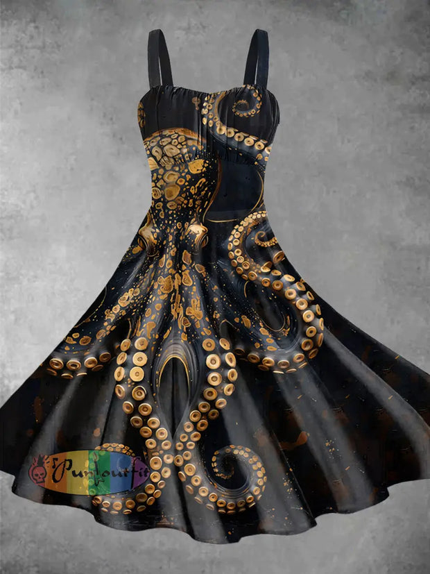 Vintage Octopus Print Backless Dress Picture Color / S Dress