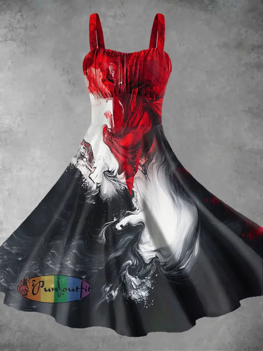 Vintage Punk Gothic Colourful Smoke Ripple Print Midi Dress Red / S