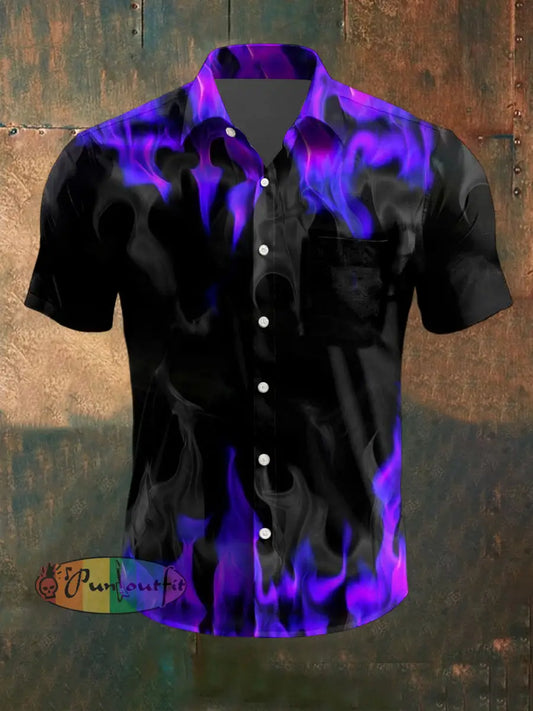 Vintage Punk Gothic Flame Gradient Abstract Print Casual Cotton Short Sleeve Pocket Shirt Purple / S