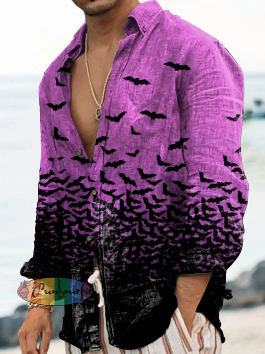 Vintage Punk Gothic Gradient Halloween Bats Abstract Print Casual Long Sleeve Shirt Purple / S