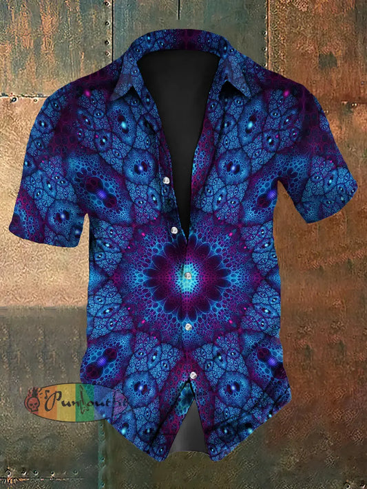 Vintage Punk Gothic Gradient Mandala Abstract Print Casual Cotton Short Sleeve Shirt Blue / S