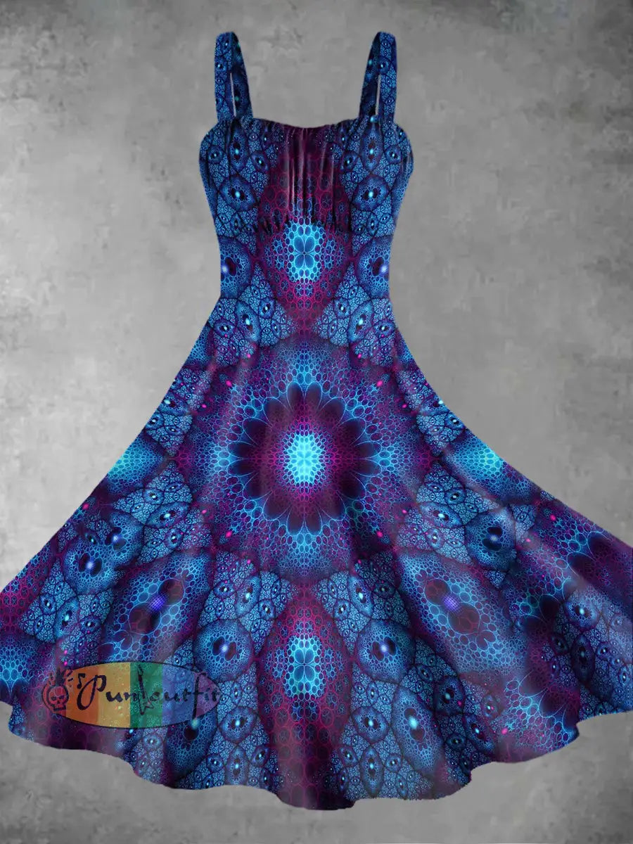 Vintage Punk Gothic Gradient Mandala Print Midi Dress Blue / S
