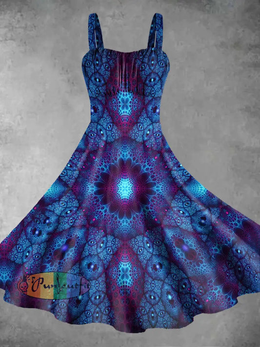 Vintage Punk Gothic Gradient Mandala Print Midi Dress Blue / S