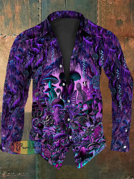 Vintage Punk Gothic Hippie Colourful Psychedelic Mushroom Abstract Print Casual Long Sleeve Shirt Purple / S
