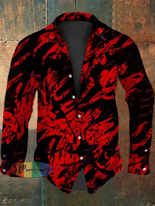 Vintage Punk Gothic Red Line Graffiti Abstract Print Casual Long Sleeve Shirt Red / S