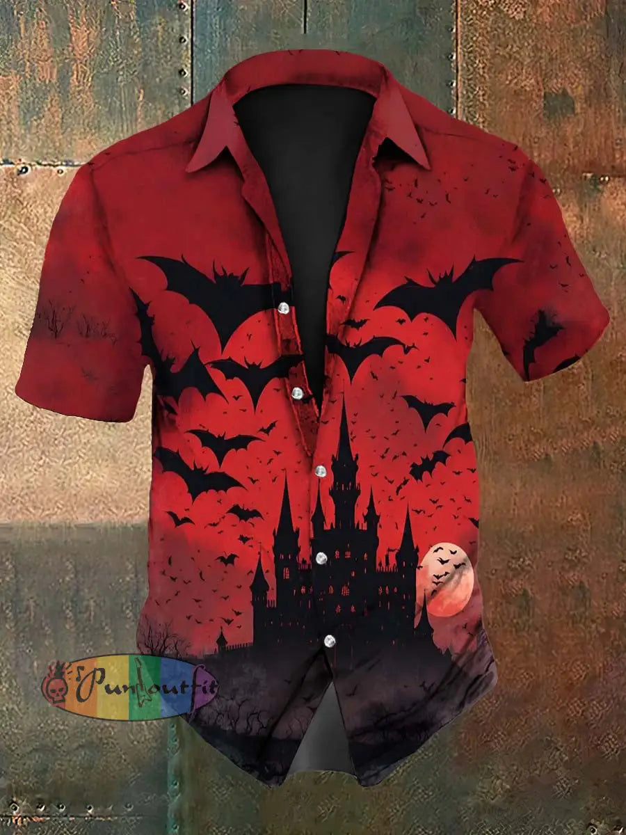 Vintage Punk Halloween Bat Castle Abstract Print Casual Cotton Short Sleeve Shirt Red / S