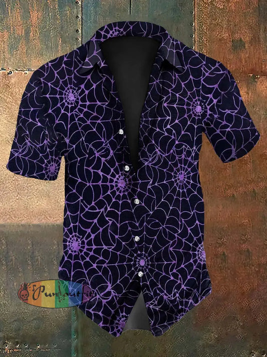 Vintage Punk Halloween Gothic Spider Web Abstract Print Casual Cotton Short Sleeve Shirt Purple / S