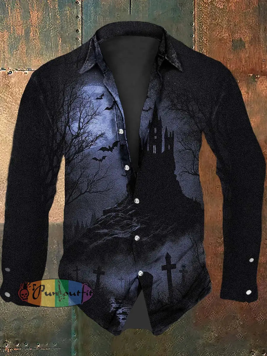 Vintage Punk Halloween Gradient Bat Castle Abstract Print Casual Long Sleeve Shirt Black / S