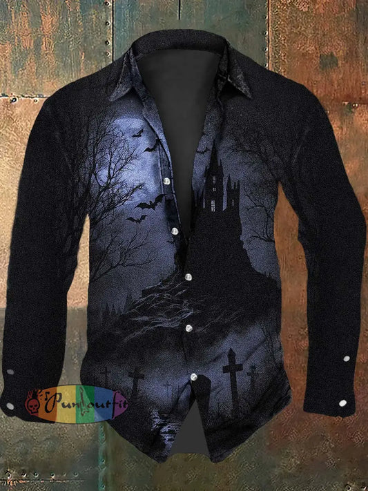 Vintage Punk Halloween Gradient Bat Castle Abstract Print Casual Long Sleeve Shirt Black / S