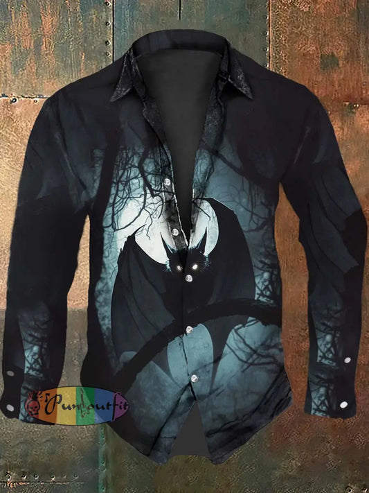 Vintage Punk Halloween Gradient Dark Bat Abstract Print Casual Long Sleeve Shirt Black / S