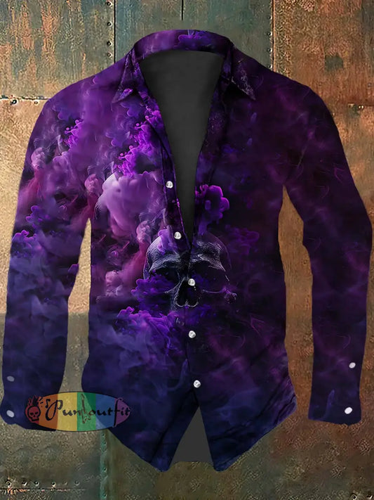 Vintage Punk Halloween Gradient Smoke Skull Abstract Print Casual Long Sleeve Shirt Purple / S