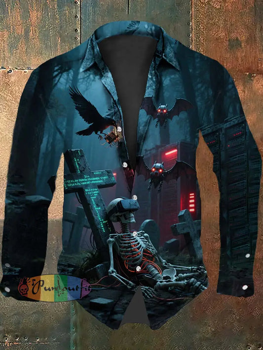 Vintage Punk Halloween Machine Skull Bat Raven Wire Abstract Print Casual Long Sleeve Shirt Black / S
