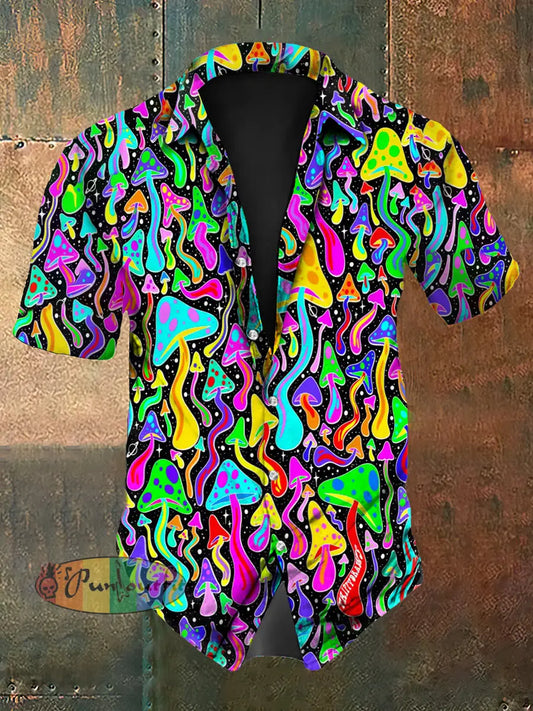 Vintage Punk Halloween Psychedelic Colourful Mushroom Abstract Print Casual Cotton Short Sleeve Shirt As picture / S