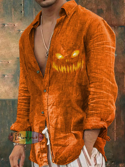 Vintage Punk Halloween Pumpkin Face Abstract Print Casual Long Sleeve Shirt Orange / S