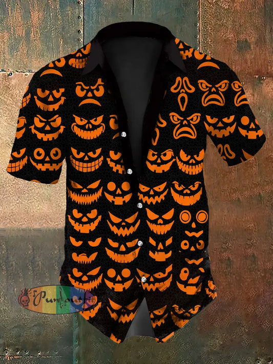 Vintage Punk Halloween Pumpkin Man Emoji Abstract Print Casual Cotton Short Sleeve Shirt Orange / S