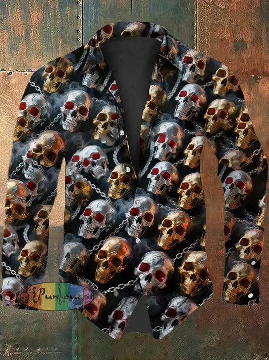 Vintage Punk Halloween Skull Chains Abstract Print Casual Long Sleeve Shirt Black / S
