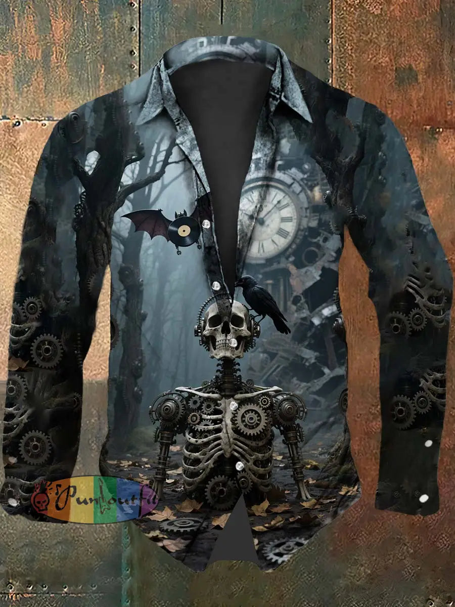 Vintage Punk Halloween Skull Raven Bat Abstract Print Casual Long Sleeve Shirt Black / S