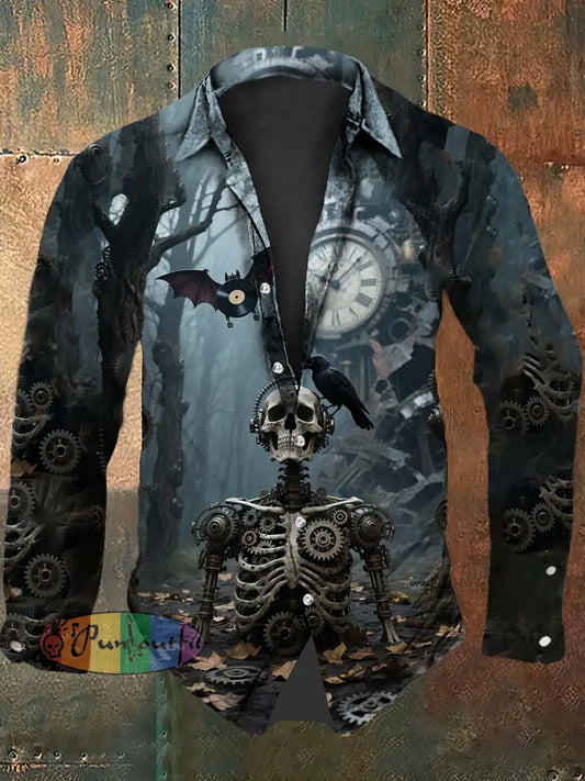 Vintage Punk Halloween Skull Raven Bat Abstract Print Casual Long Sleeve Shirt Black / S