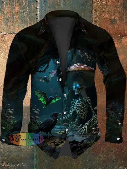 Vintage Punk Halloween Skull Raven Bat Mushroom Abstract Print Casual Long Sleeve Shirt Black / S