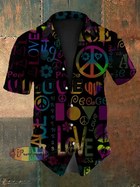 Vintage Punk Hippie Colourful Peace Love Abstract Print Casual Cotton Short Sleeve Shirt As picture / S