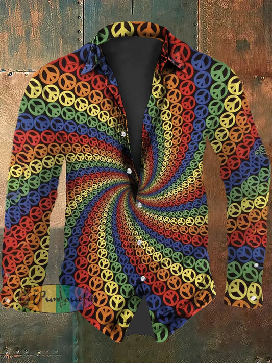 Vintage Punk Hippie Colourful Peace Swirls Abstract Print Casual Long Sleeve Shirt As picture / S