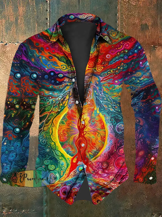 Vintage Punk Hippie Colourful Psychedelic Ripple Abstract Print Casual Long Sleeve Shirt As picture / S