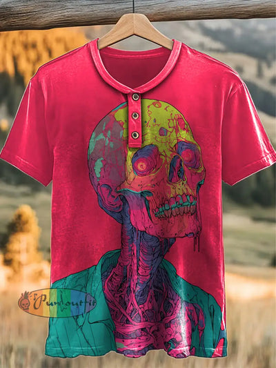 Vintage Punk Hippie Skull Colourful Art Abstract Print Casual Button Henry Neck T-Shirt Pink / S