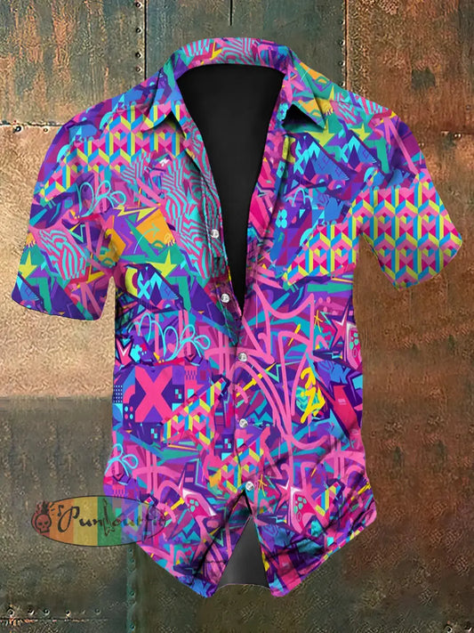 Vintage Punk Music Festival Psychedelic Colourful Graffiti Abstract Print Casual Cotton Short Sleeve Shirt Purple / S