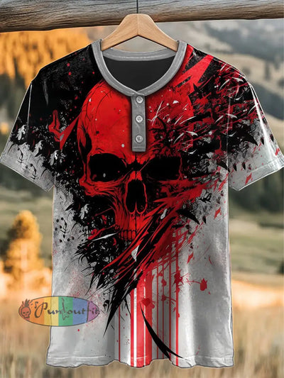 Vintage Punk Skull Graffiti Abstract Print Casual Button Henry Neck T-Shirt Gray / S