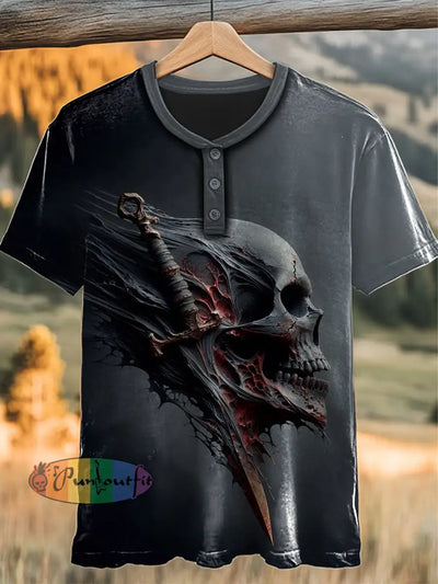 Vintage Punk Skull Knife Art Abstract Print Casual Button Henry Neck T-Shirt Gray / S