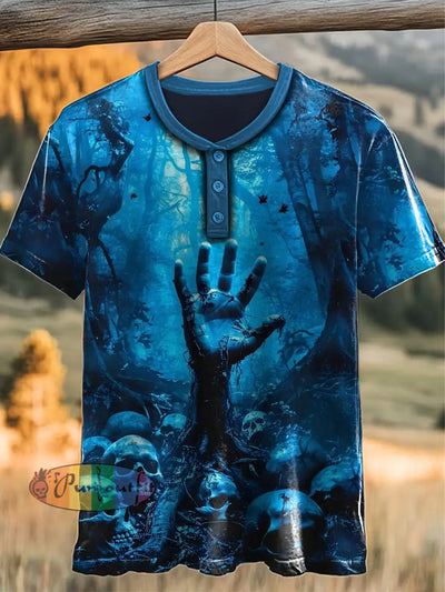 Vintage Punk Skull Reacher Abstract Print Casual Button Henry Neck T-Shirt Blue / S